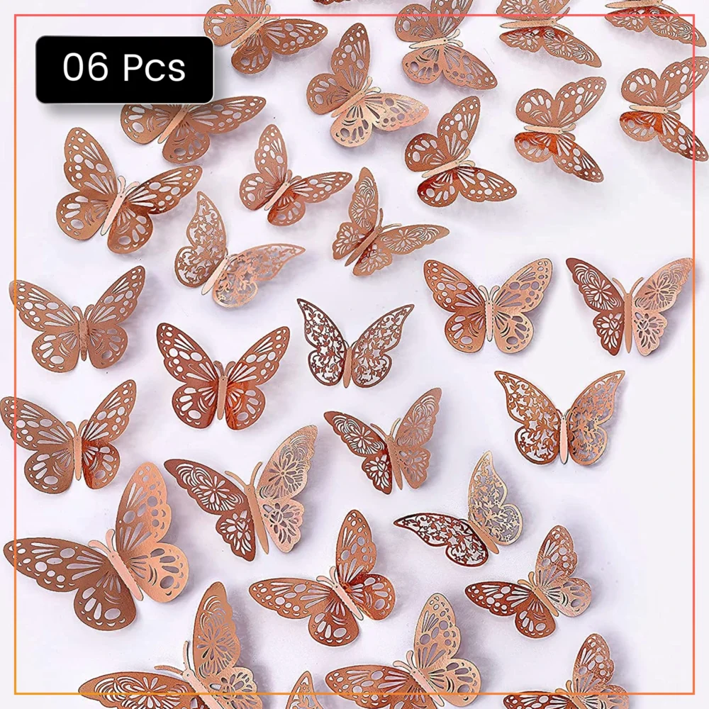 6pcs 3D Butterfly Stickers – DIY Craft & Home Decoration - Rose Gold