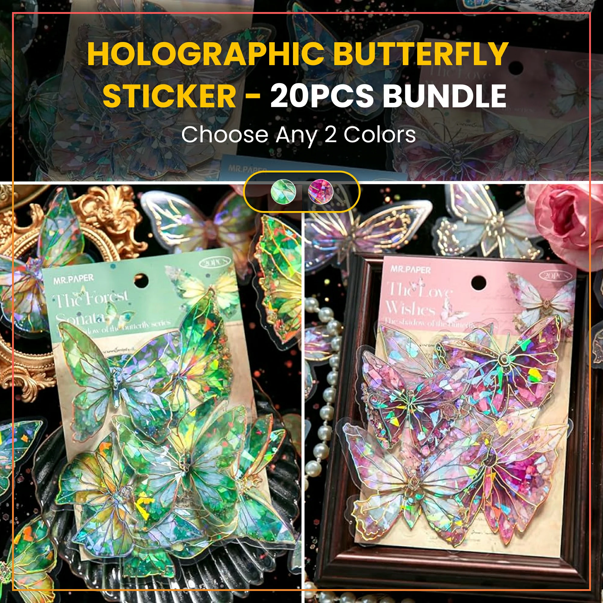 20pcs Holographic 3D Butterfly Wall Stickers – Removable Décor for Home, Events & Gifts – Dual Color Pack