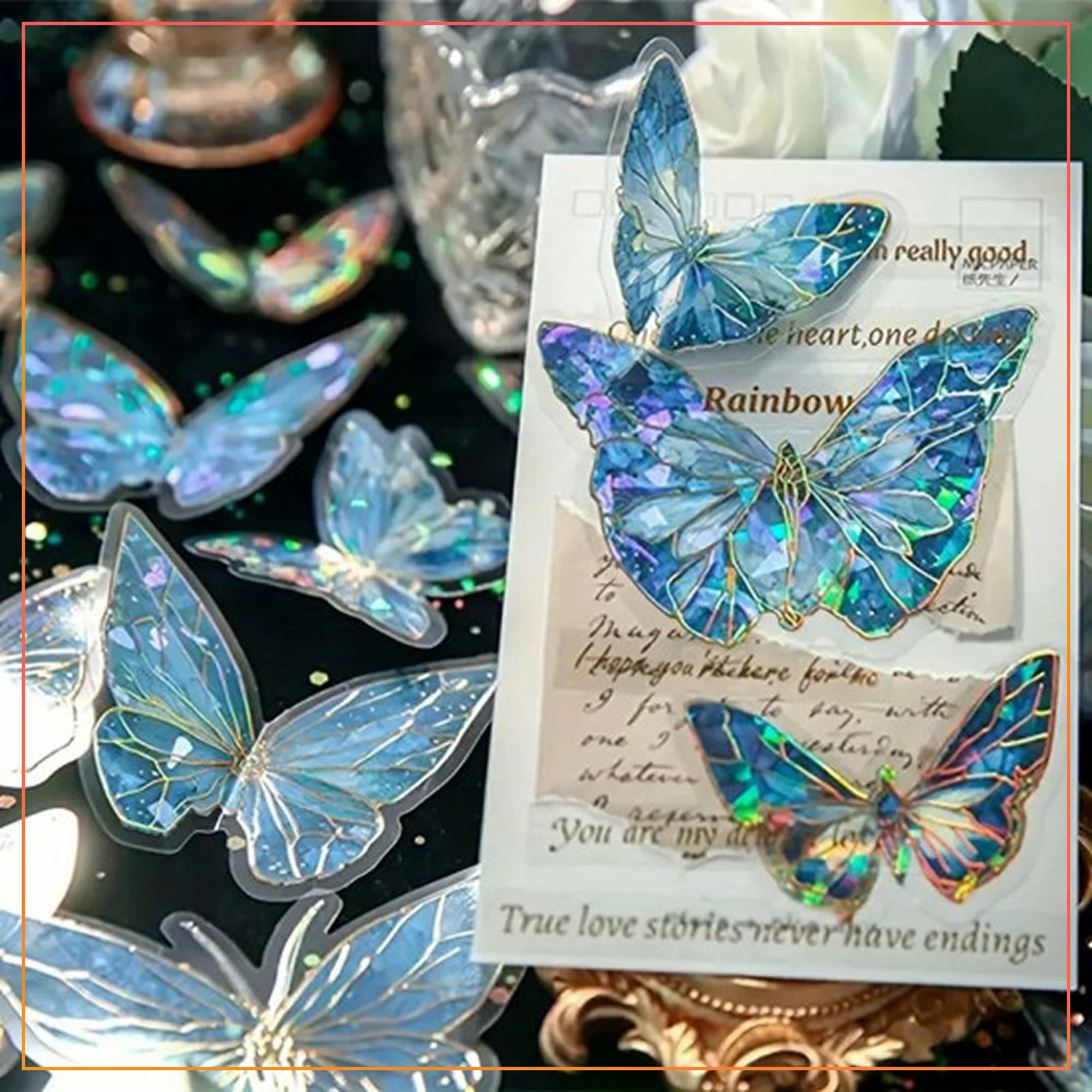 10pcs Dark Blue Holographic Butterfly Stickers – Sparkly Wall & Event Decoration – Premium Quality